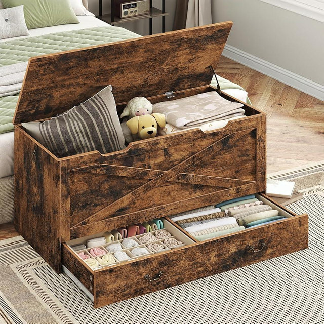 RALGEND Toy Chest, 39.4" Storage Chest with Drawer and Pull Handles, Wooden Storage Bench with Lift Top, Storage Trunk for Living Room, Bedroom, Entrance, Rustic Brown