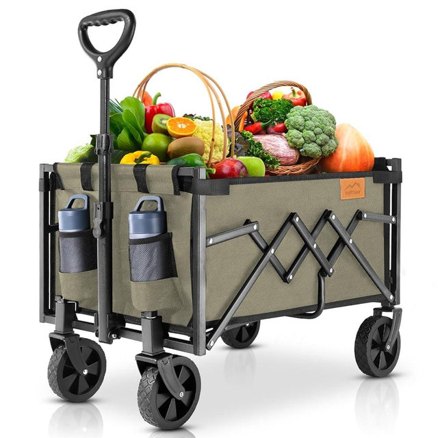 Uyittour Collapsible Wagon Cart Foldable with 220lbs Weight Capacity, Lightweight Portable Folding Grocery Shopping Cart with Wheels for Camping Sports Beach and Shopping, Khaki