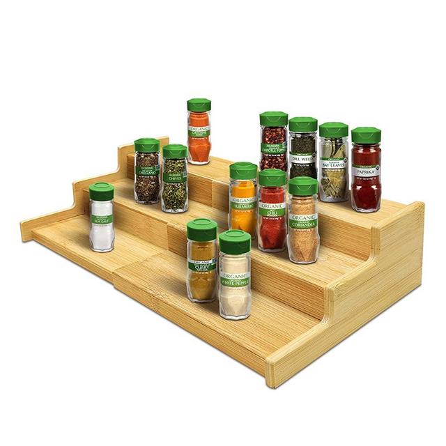 Lenwi Spice Rack Organizer for Cabinet, 3 Tier Expandable Bamboo Spice Storage, Great for Kitchen Cabinet, Cupboard,Pantry and More