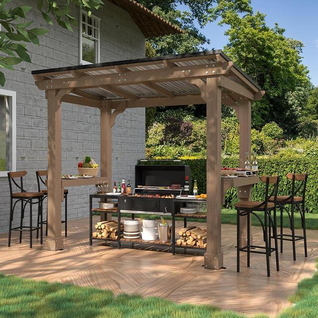 VEIKOU 8’x5’ Grill Gazebo, BBQ Gazebo Shelter with Galvanized Steel Roof, Cedar Frame, Patio Gazebo for Barbecue, Backyard, Garden, Deck, Light Mocha Brown