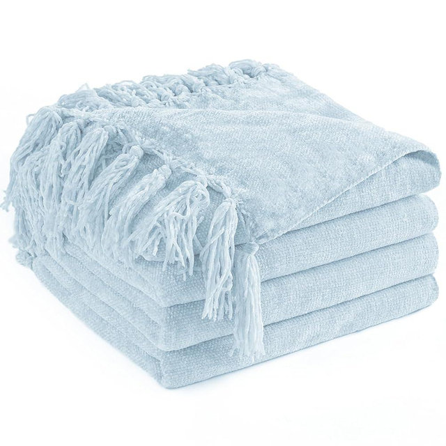 LONG CREATE Chenille Throw Blanket for Couch 50"X 60", Soft Cozy Throws with Fringe Tassel for Bed Sofa Chair Cover, Lightweight Knitted Decorative Boho Blankets for Living Room, Light Blue