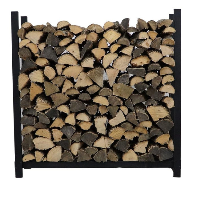 Woodhaven Black 4 Foot - Heavy Duty Made In USA - Indoor Outdoor - 1/4 Cord Firewood Storage Log Rack With Optional Seasoning Cover Combo Set - Metal Log Storage - 48” x 48” (No Cover)
