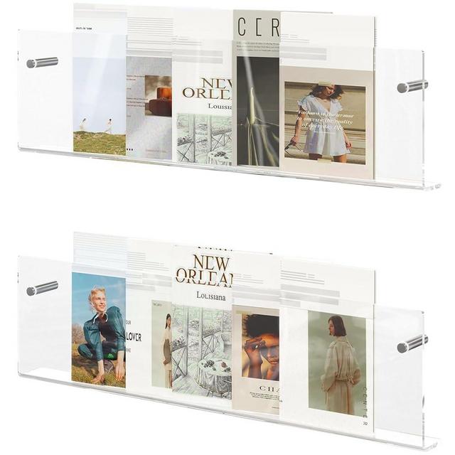 DOHWSK Acrylic Magazine Holder, 2 Pack Hanging Bookshelf Magazine Rack, Wall Mounted Floating Brochure Display for Waiting Room, Office, Home (Clear, 24 Inch)