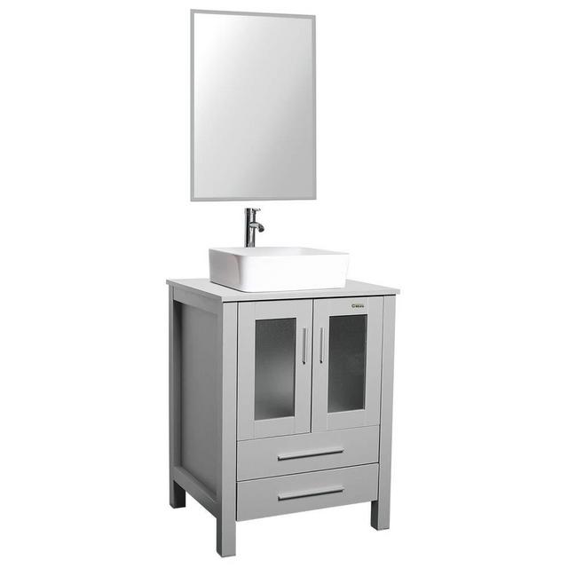 24 Grey Bathroom Vanity,Square Ceramic Sink Combo 1.5 GPM Chrom,Bathroom Vanity Top with Sink Bowl,20 inch Deep, 30% Water Saving Faucet/U-Eway (B02GT03)