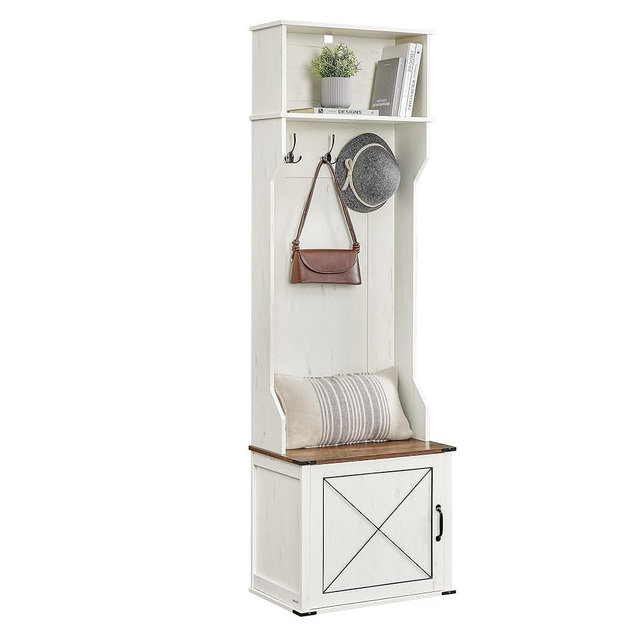 VASAGLE Hall Tree with Bench and Shoe Storage, Coat Rack with Shoe Bench, Entryway Furniture, 3 Tri-Hooks, Door with Handle, Farmhouse Style, Space Saving, Rustic White and Honey Brown UHSR441W01