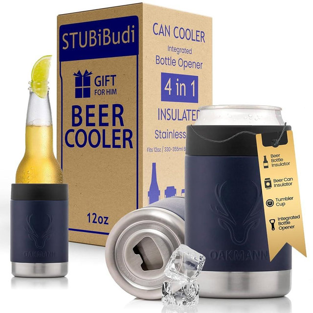 OAKMANN Stainless Steel Beer Cooler With Bottle Opener, Vacuum Insulated Can Cooler 12 oz for Bottles Cans, 4-in-1 Universal Insulator Coozy for Bottles Cans, Best Beer Gifts for Men (Navy)