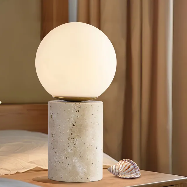 Maxax 11.5" Modern Travertine Table Lamp, Natural Mid-Century Nightstand Lamp for Bedroom Living Room, Bulb Not Included