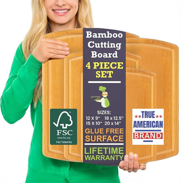 Glue-Free Surface™ 2XL Extra Large Bamboo Cutting Board Set of 4 – Small, Medium, XL, and Oversized Sizes from Chopping Vegetables to Carving Meat & Turkey for Large Family Meal Prep and Gatherings