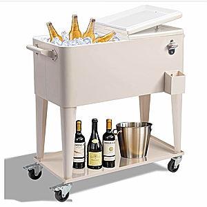 Outvita 80 Quart Rolling Ice Chest, Portable Bar Drink Cooler with Catch Basin, Bottom Storage Tray and Bottle Opener for Patio Party BBQ Beach Activities