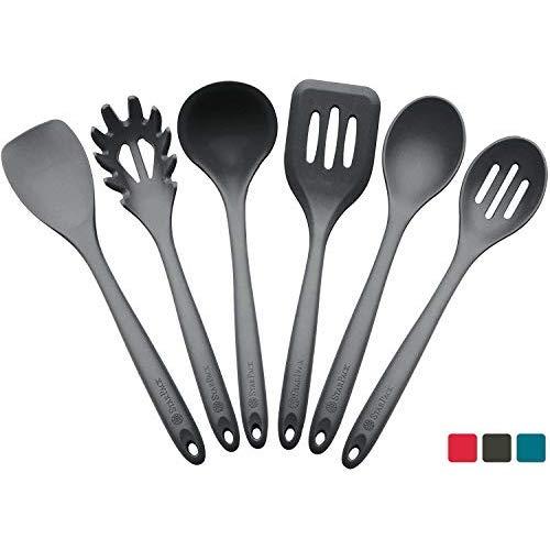 StarPack Basics XL Silicone Kitchen Utensil Set (6 Piece), High Heat Resistant to 480°F, Hygienic One Piece Design, Large Non Stick Spatulas & Serving Utensils (Gray Black)