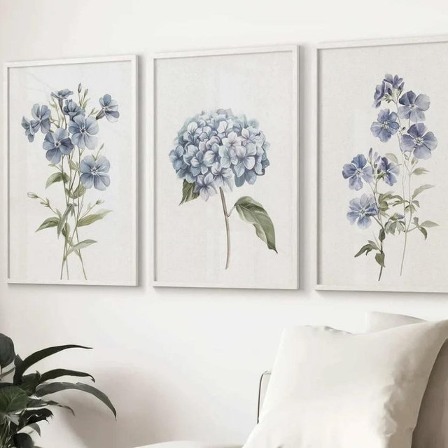 Blue Flower Wall Art Set of 3: 12x18 in, White Oak Frame