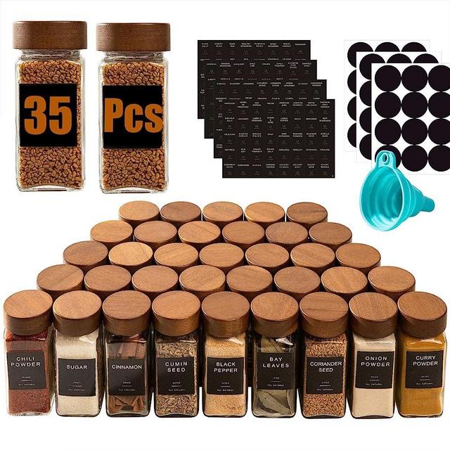 Yangbaga 35Pcs Glass Spice Jars with Labels，4oz Empty Square Spice Bottles with acacia wood lid & Shaker Lids and Silicone Collapsible Funnel Included