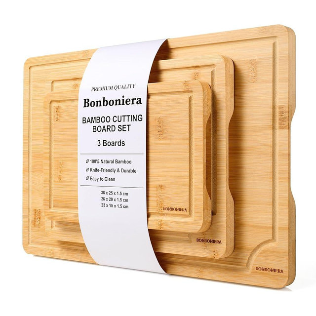 Bamboo Cutting Boards for Kitchen, Cutting Board Set of 3 – Wood Cutting Board & Wooden Cutting Boards for Kitchen, Non Toxic Bamboo Cutting Board Set, Knife-Friendly Chopping Board