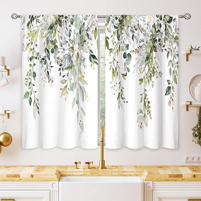 oolygoo Eucalyptus Botanical Leaves Floral Kitchen Window Curtains Over Sink Farmhouse Flower Leaf Small Window Treatment Sage Green Cafe Short Curtains for Bathroom Treatment Tier Drapes 26x36 inch
