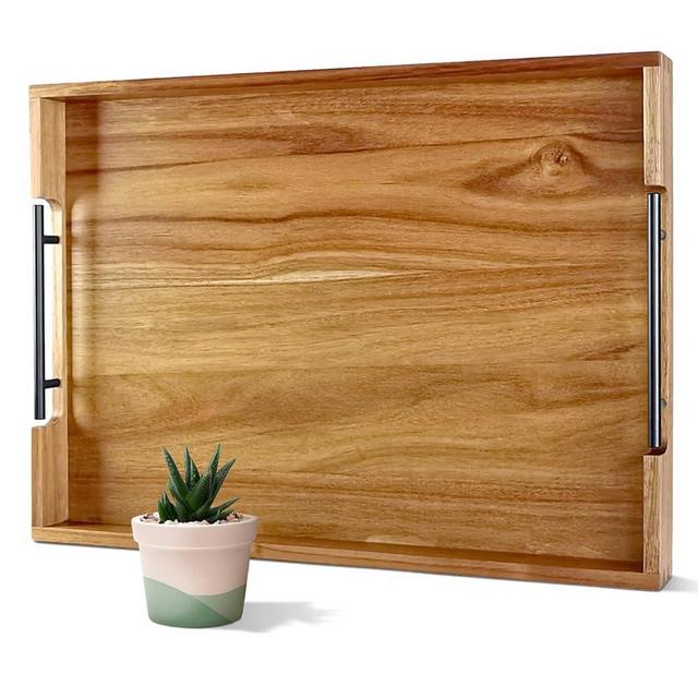 OurMiao 22 Inches Acacia Wood Serving Tray with Metal Handles, Large Wooden Rectangle Ottoman Tray, Decorative and Durable Design for Living Room Coffee Table Couch Kitchen