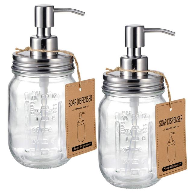 Mason Jar Soap Dispensers -Rustproof Stainless Steel Lid Pump, Refillable Wash Hand Soap for Bathroom,Kitchen-Ideal for Dish Soap,Liquid Soap, Lotions,Waterproof Stickers,16Oz/ Brushed nickel(2 Pack)