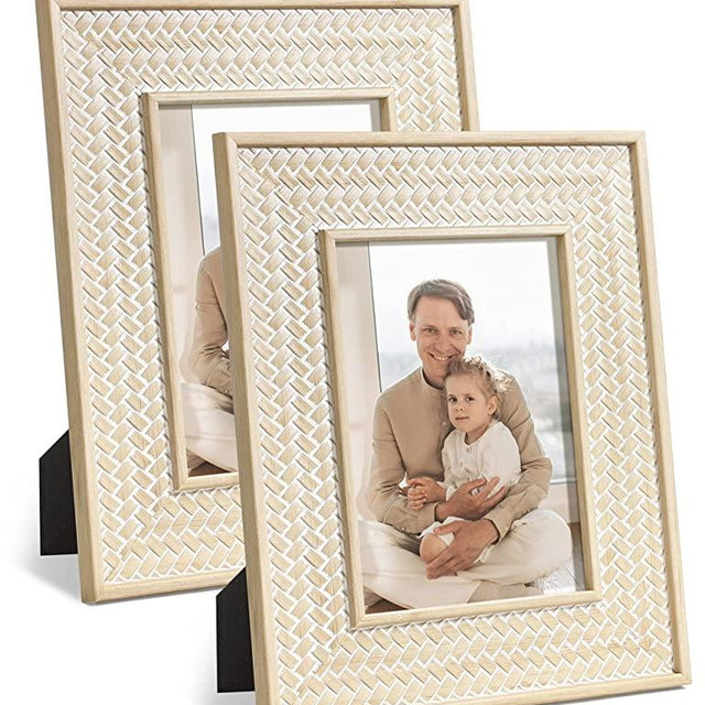 Sonefreiy 5x7 Picture Frame Rattan Boho Moroccan Beige Yellow Photo Frame Rustic Pattern Set of 2, for Desk and Wall Family Friend Gift