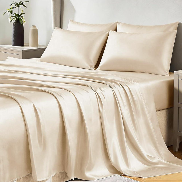 CozyLux Satin Sheets King Size Sheet Set - 6 Piece Silky King Sheets, Luxury Champagne King Bed Set with Smooth and Soft Microfiber, Includes 1 Fitted Sheet, 1 Flat Sheet and 4 Pillowcases