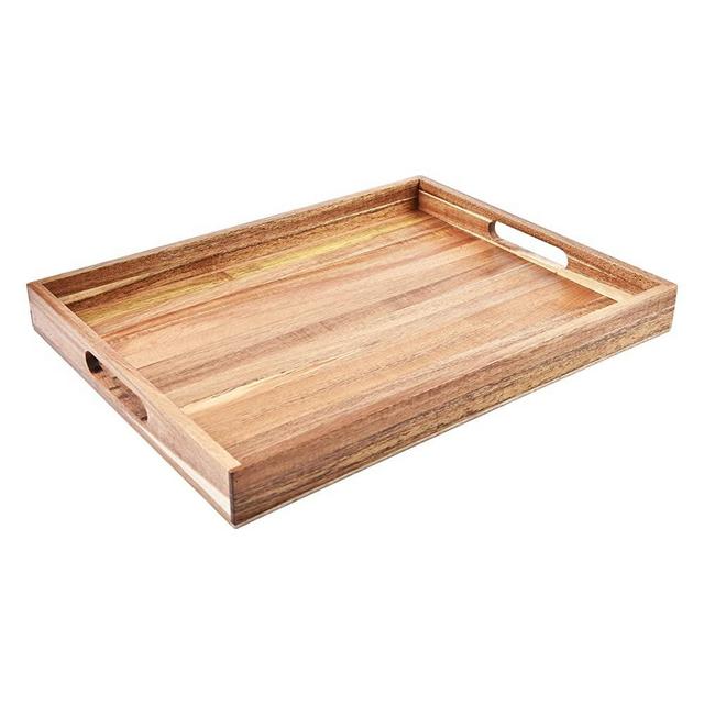 Acacia Wood Serving Tray with Handles (16 Inches) – Decorative Serving Trays Platter for Breakfast In Bed, Lunch, Dinner, Appetizers, Patio, Ottoman, Coffee Table, BBQ, Party –Great for Lap &Couch