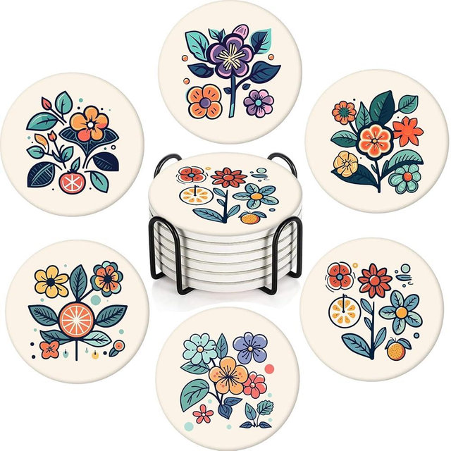 Boho Set of 6 Coasters for Drinks Absorbing Round Ceramic Stone Coaster with Cork Base,Tabletop Protection Mat for Mugs and Cups,Office,Kitchen (Hand Drawn Flower)