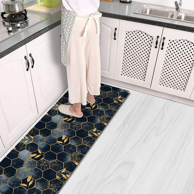 Colorful Star Anti Fatigue Marble Kitchen Rug for Floor Non Skid Waterproof Kitchen Runner Rug Oil Proof PVC Leather Chef Standing Mat Comfort Foam Mat 17" W x 59" L Honeycomb Marble & Gold Leaves