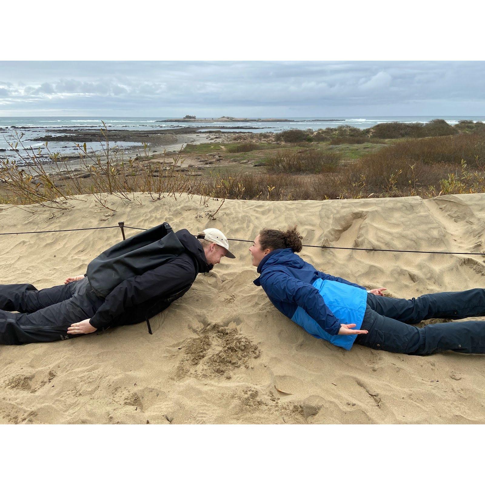 Michelle and Ryan pretend to be Elephant Seals at Ano Nuevo State Park, Santa Cruz - Jan 2020