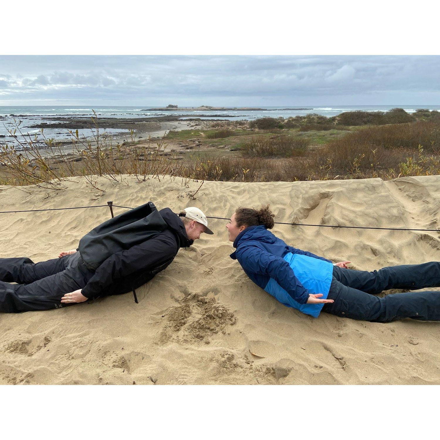 Michelle and Ryan pretend to be Elephant Seals at Ano Nuevo State Park, Santa Cruz - Jan 2020