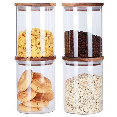 Airtight Borosilicate Glass Storage Jars Wood Lids,Clear Canisters with Airtight Lids,Air Sealed Jars for Sugar Flour Tea Candy Cookie,Resealable Glass Cannisters with Wooden Lid,25 Floz,Pack of 4