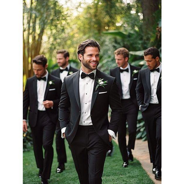 For the men, we would love to see you guys in a black tuxedo! Please refrain from patterns and colors!