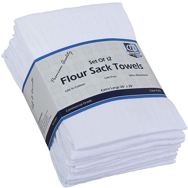 Flour Sack Kitchen Towels (White,12 Pack) 100% Cotton,28x28 Inch Cloth Napkin, Bread wrapper, Cheesecloth, Multi Purpose Kitchen Dish Towels,Bar Towels, Extremely Absorbent & Sturdy By Excellent Deals