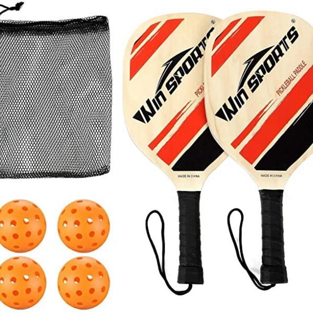 Win SPORTS Wooden Pickleball Paddle Set, Beginner Racket,Pickle Ball Paddles - with 2 Paddles,4 Balls and 1 Carry Bag | Durable and Classic
