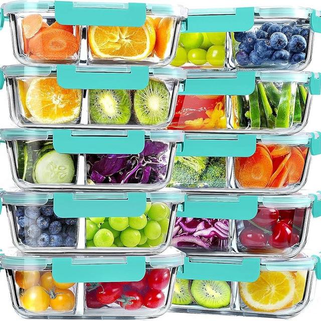 VERONES 10 Pack Glass Meal Prep Containers 2 Compartment Set, 30 OZ Airtight Glass Lunch Containers, Glass Food Storage Containers with Lids, for Microwave, Oven, Freezer & Dishwasher Friendly，Green