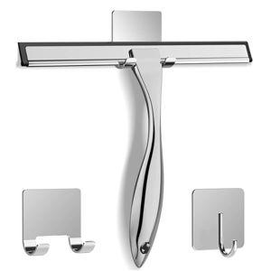 All-Purpose Stainless Steel Shower Squeegee for Shower Glass Door with 2 Adhesive Hooks, Bathroom Cleaner Tool Household Window Mirror Squeegee , Cleaning Tile Wall, Car, 10 Inch Silver