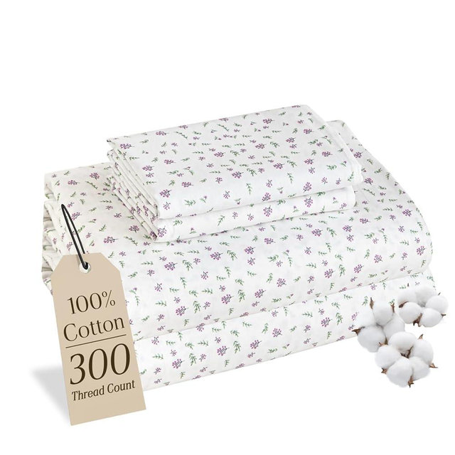 MCO 100% Cotton Sheet Set Floral Printed, 300 Thread Count Cotton Queen Sheet Set, 16" Deep Pocket, Breathable Cooling Sheets 4 Pieces (Queen, Purple Floral)