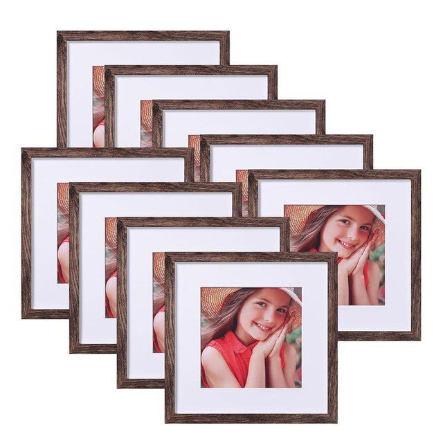 Vittanly 12x12 Picture Frames for Wall Set of 9, Display 8x8 Pictures with Mat or 12x12 without Mat, Collage Frames for Wall Mounting, Perfect for Home Décor and Gifts, Brown