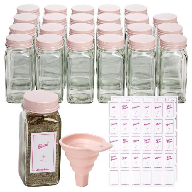 Paris Hilton Glass Spice Jar Storage Set, 4-Ounce Empty Spice Jars with Labels, Shaker Caps and Metal Lids, Collapsible Funnel Included, 25-Piece, Pink