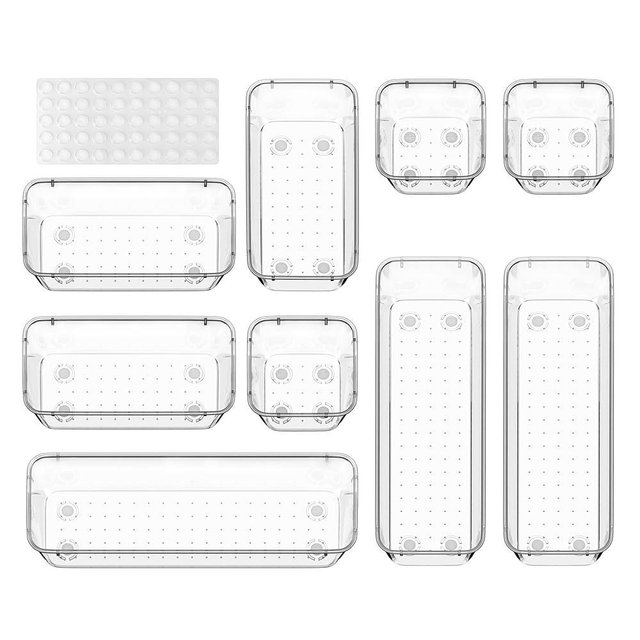 ValueMax 9 PCS Clear Plastic Drawer Organizers Set with Non-Slip Pads, 3 Sizes Desk Drawer Organizer for Vanity, Kitchen, Bathroom and Office