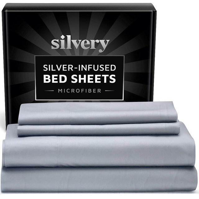 Silvery Silver Infused Bed Sheets Set - Made from Soft & Cooling 120 GSM Microfiber - 4 Pieces Breathable Bedsheets with Thermoregulating Technology (Queen (U.S. Standard))