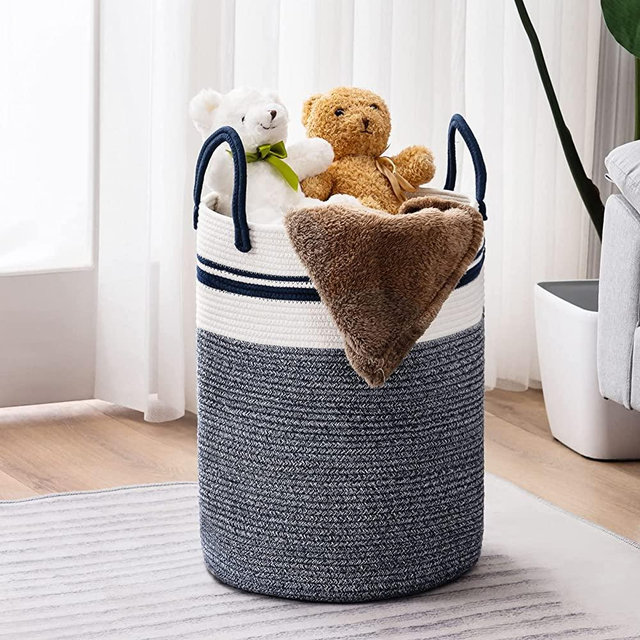YOUDENOVA Woven Rope Laundry Hamper with Handles, Tall Laundry Basket for Blanket Storage, Heavy Duty Clothes Hamper for Bedroom-72L-Large-Blue