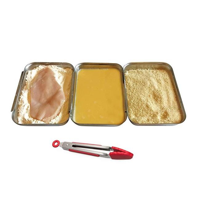 GLOCHYRA - Breading Tray Set of 3 - Stainless Steel Breading Pan for Marinating Meat, Prepping Bread Crumbs Coating tray for Chicken, Fish, Panko, Schnitzel - Comes with Locking kitchen Tong
