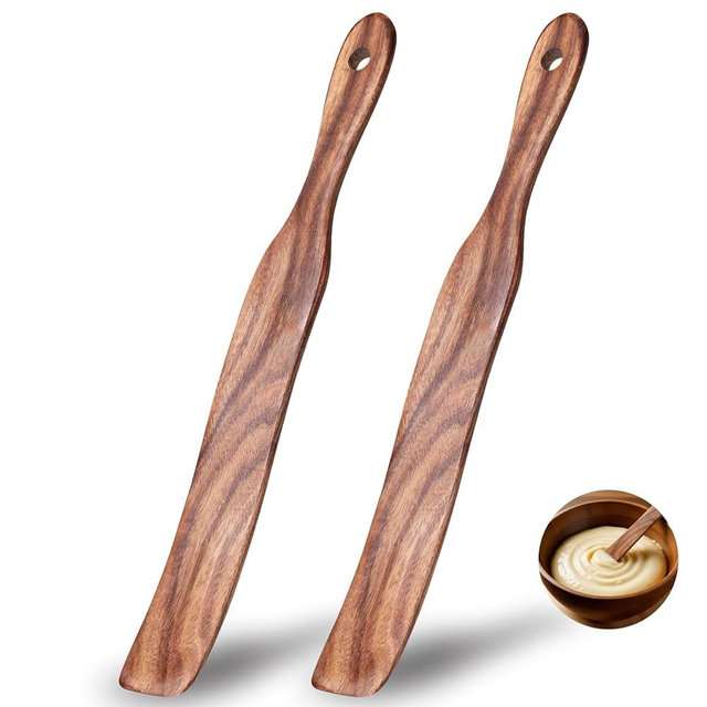 Sukreo 2 Pcs Solid Wood Spurtles, Thin Acacia Wood Stirrer for Sourdough Starter Jar Bottom, Long Handle Non-Scratch Heat Resistant Baking Utensils, Gift for Bakers