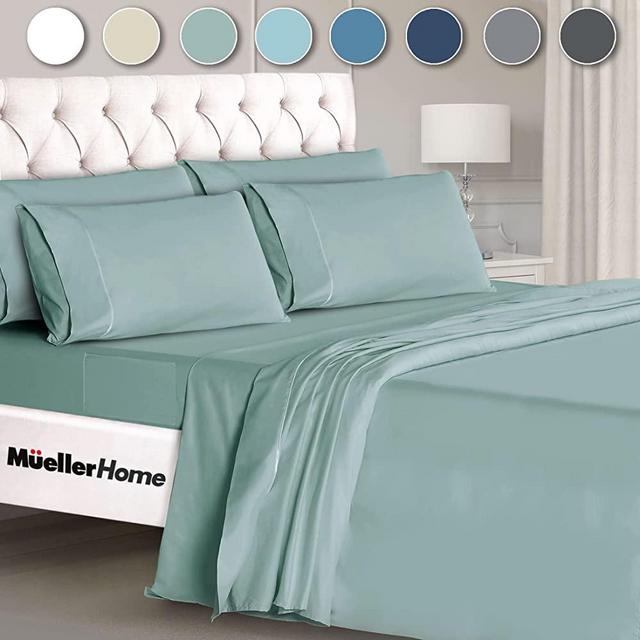 Mueller Ultratemp Bed Sheets Set, Super Soft 1800 Thread Count Egyptian 18-24 Inch Deep Pocket Sheets, Transfers Heat, Breathes Better, Hypoallergenic, Wrinkle, 6Pc, Light Teal, California King