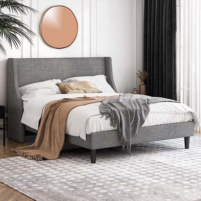 Einfach Queen Size Platform Bed Frame with Wingback Headboard / Fabric Upholstered Mattress Foundation with Wooden Slat Support, Light Grey