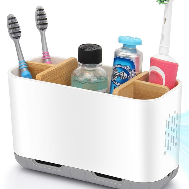 GFWARE Toothbrush Holders for Bathrooms, Bamboo Divider Toothbrush and Toothpaste Holder with Drainage, Kids Electric Toothbrush Organizer for Bathroom Countertop, White Tooth Brush Holder