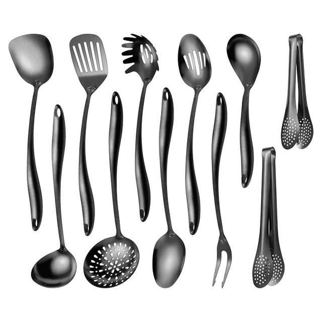 304 Stainlss Steel Matte Kitchen Utensils Set, 11 Pcs Long Metal Cooking Utensil Gadgets Tools Set with Spatula, Ladle, Spoon, Skimmer, Tunner, Pasta Server, Tongs(Black, Dishwasher Safe)