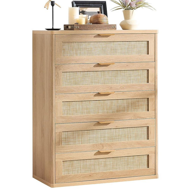 LEYAOYAO Rattan Dresser for Bedroom, 41" Tall Chest of Drawers, Modern 5 Drawers Boho Dressers with Storage, Light Oak Dresser Wooden Closet Organizer for Living Room, Hallway, Natural Wood