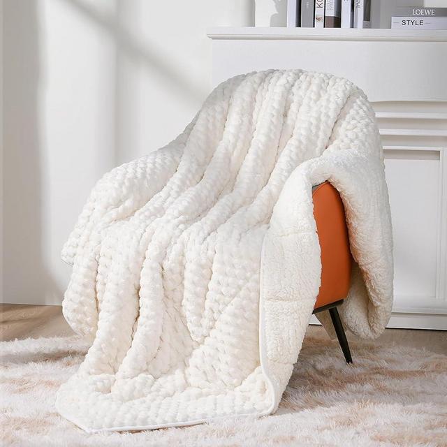 Topblan Weighted Blanket for Adults (60" x 80" 15lbs, Cream White), Soft Sherpa Queen Size Heavy Blanket, 3D Jacquard Flannel Fleece Weighted Blankets for Couch and Bed