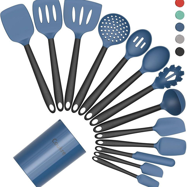 Coukre Silicone Kitchen Cooking Utensils Set with Holder – Heat-Resistant, Food-Grade Kitchen Tools, Spatula, Spoon & Gadgets for Non-Stick Pans, Dishwasher Safe (14, DarkBlue)