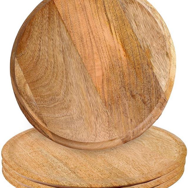 CLEENTABLE 11" Mango Wood Appetizer Plates Set of 4 - Handcrafted Round Plates for Salad, Dinner, Pasta, Dessert, Appetizer, Sushi, Fruit for Serving, Durable Dinnerware for Parties (Natural)