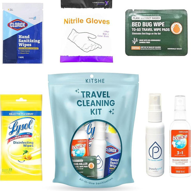 Travel Cleaning Kit - Travel Size Cleaning Supplies For Hotels, Bathrooms with Gloves, Surface Wipes, Fabric Cleaner, Air Cleaner, Hand Wipes, Bed Bug Wipes by KITSHE